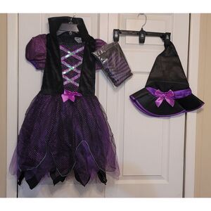 Girl's Deluxe Witch Halloween Costume Dress Hat & Stripe Legging Size 9/10
